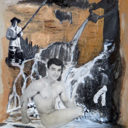 "Adonis au bain" technique mixte collage/peinture 20x30cm
